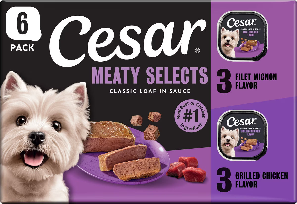 Cesar Classic Loaf in Sauce Variety Pack Adult Filet Mignon & Grilled Chicken Wet Dog Food Trays, 3.5-oz, 6 count
