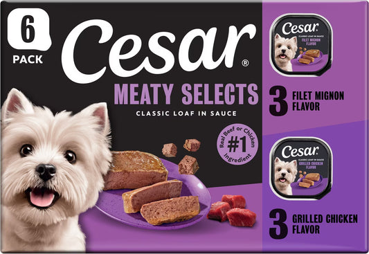 Cesar Classic Loaf in Sauce Variety Pack Adult Filet Mignon & Grilled Chicken Wet Dog Food Trays, 3.5-oz, 6 count